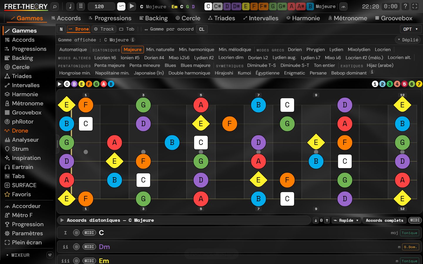 Écran Gammes de FretFace : manche avec les notes de Do majeur colorées par note